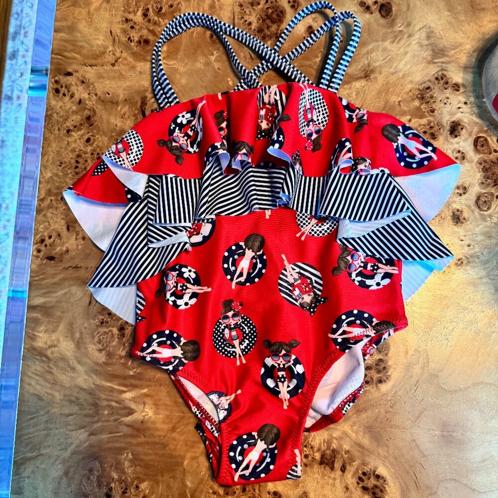 Mayoral Ruffle Detail Crisscross Back Baby Swimsuit in Red, White and Blue - NWT